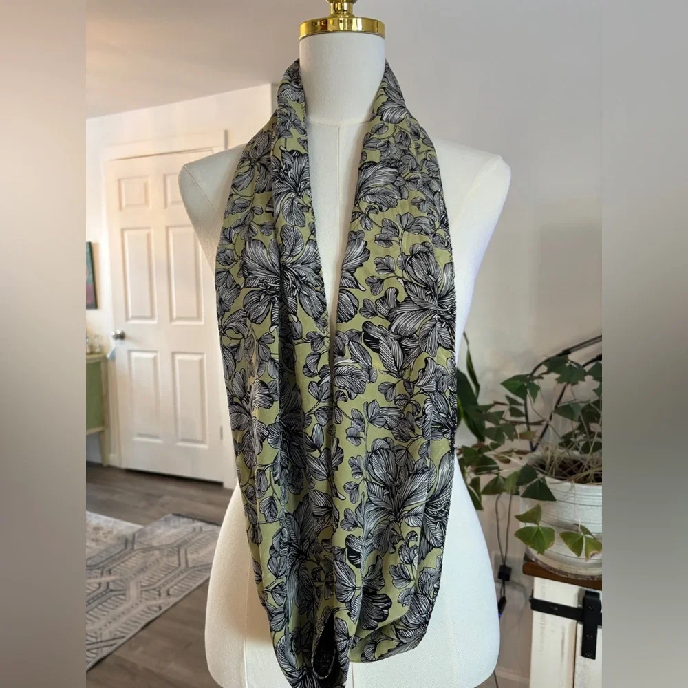 100% Silk J. Jill Infinity Scarf Reversible Olive Green & Black Floral SKU 4